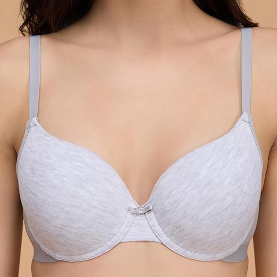 NYKD Encircled with Love Everyday Cotton Push-Up Bra for Women Wired, Full Coverage, Lightweight, Adjustable Straps – NYB249, Grey Melange, 30C